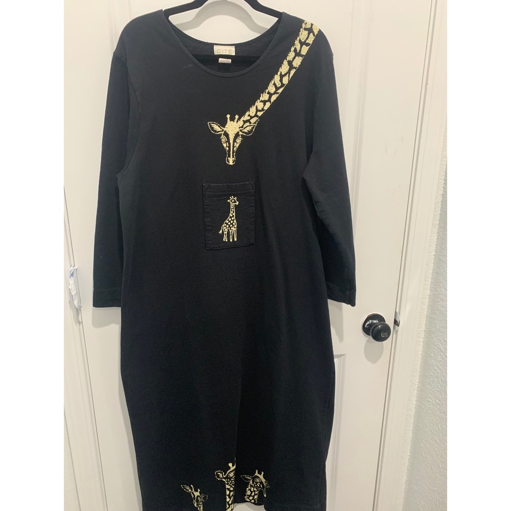 Vintage CITE Womens Black Gold Giraffe Print Long Sleeve Pocket Maxi Dress